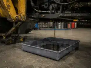 Bandeja contenedora compacta hecha en lona para contener derrames conteniendo liquido de un vehiculo