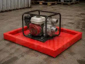 Batea contenedora con pared de espuma hecho en lona de pvc para contención de derrames mostrando como un grupo electrógeno esta apoyado en ella