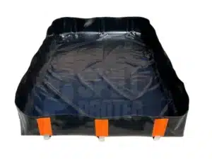 Batea contenedora de derrames con soporte en L de aluminio fabricada en material lona de pvc mostrando detalle