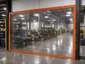 Cortina industrial fija con ventana grande en cristal transparente y refuerzo de lona de pvc con ojales