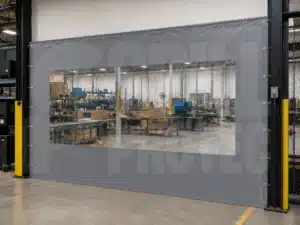 Cortina industrial fija con ventana de cristal transparente y lona en perimetro en color gris