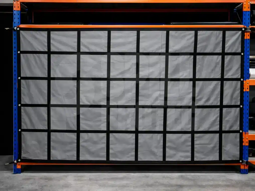 Red de contencion para estanterias y racks en uso real del producto